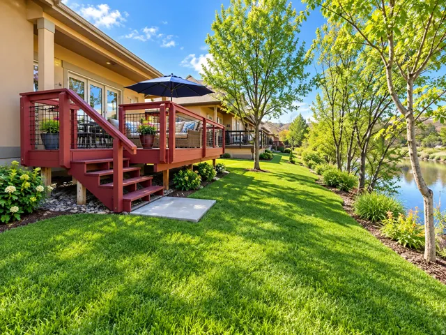 Expansive rear lawn with mature trees and waterfront access