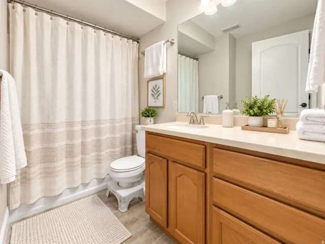 Wood-finish vanity with ample storage