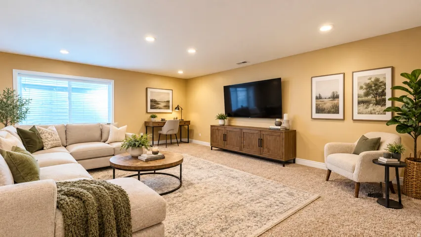 Recessed lighting, large window with blinds, wall-mounted television, built-in media console, and neutral carpeting