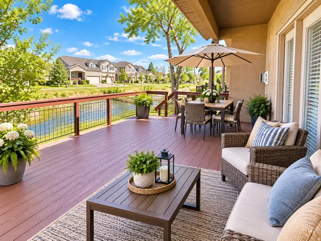 Expansive outdoor deck with composite decking and wood railing, offering a water feature and landscaped surroundings