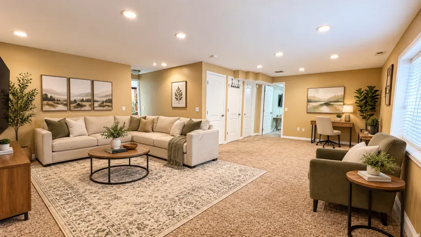Recessed ceiling lighting, uniform wall paint, white interior doors, and window treatments provide a cohesive design