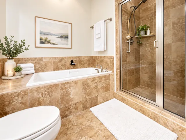 Built-in soaking tub, glass-enclosed shower, and coordinating tile flooring and tub surround