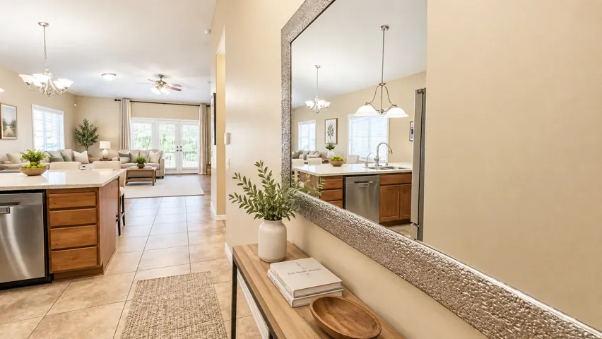Tile flooring, wood-finish cabinetry, stainless steel dishwasher, pendant lighting, and French doors