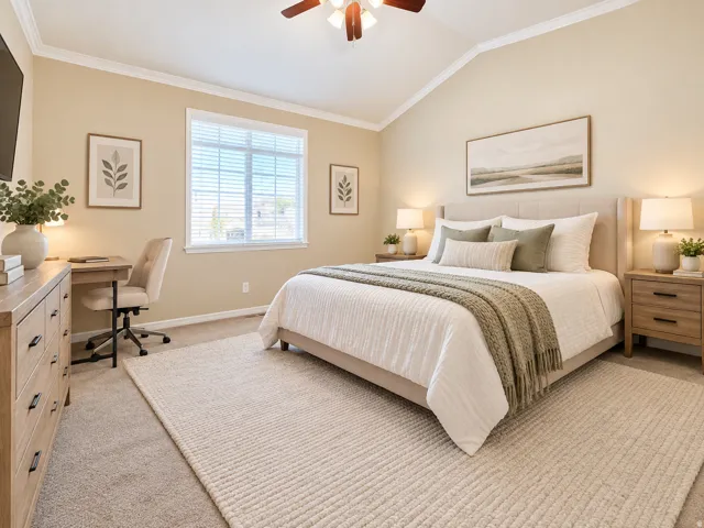 Vaulted ceiling with a ceiling fan, recessed window, carpeted flooring, and a built-in wall niche