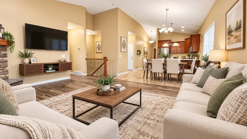 Spacious living area featuring wood-finish flooring, a stone-clad fireplace, and vaulted ceilings