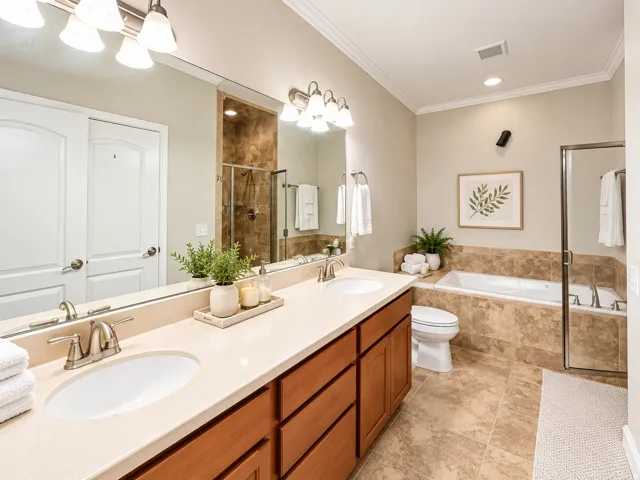 Dual vanity with an expansive countertop, built-in bathtub, and a separate glass-enclosed shower