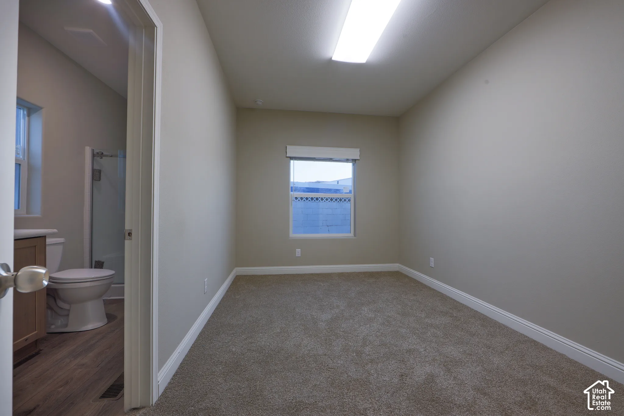 Neutral tone walls, carpet flooring, a single window, and an overhead fluorescent light fixture