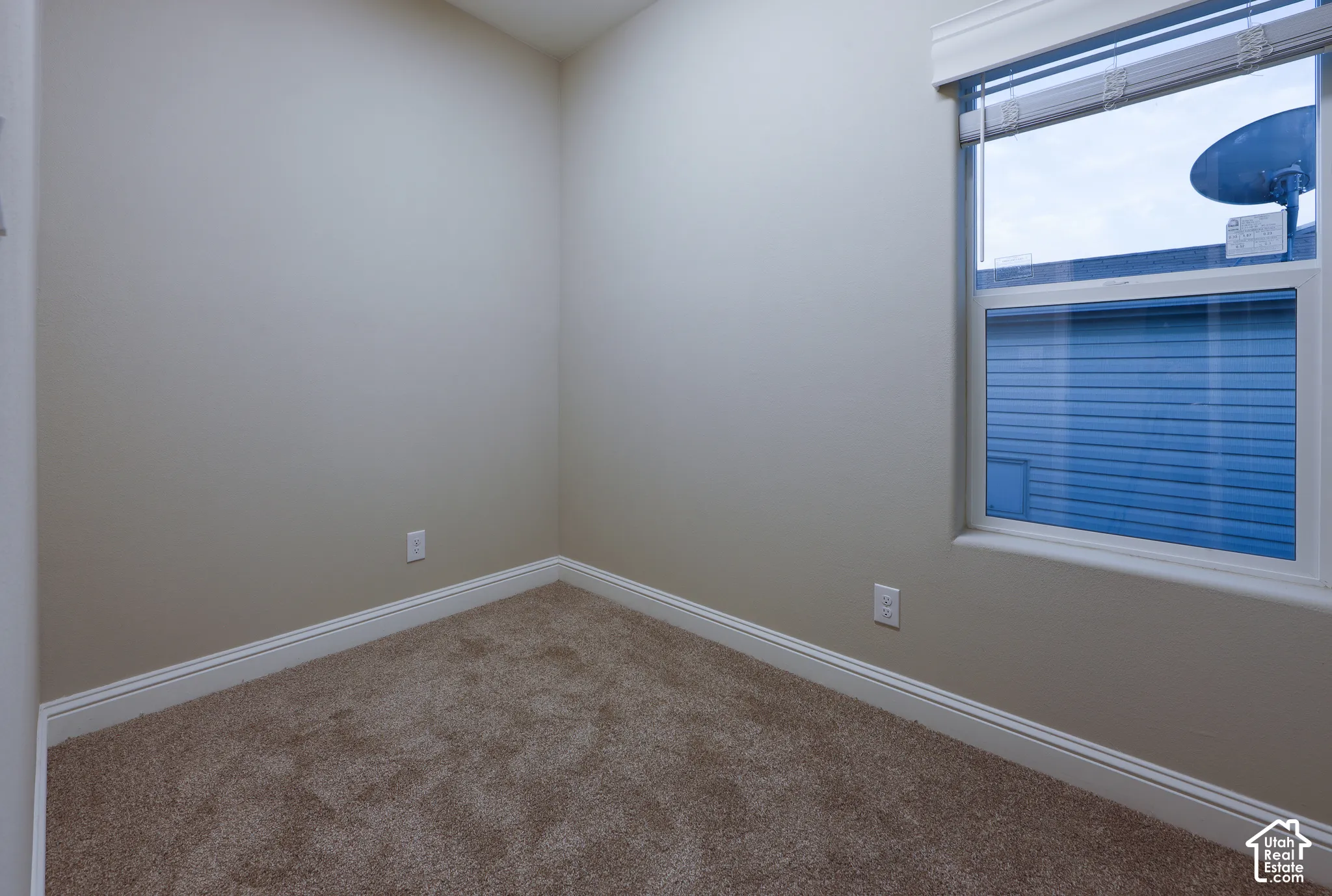 Wall-to-wall carpeting with light beige walls and white trim