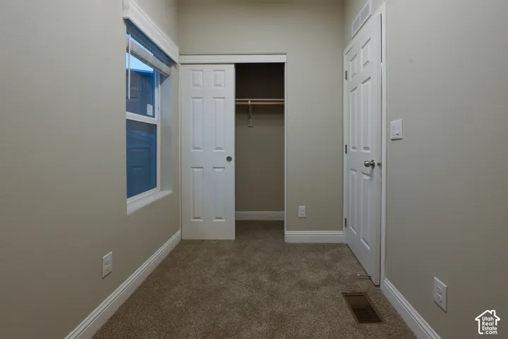 Carpeted room with a window featuring blinds, a closet with sliding doors, and a paneled door