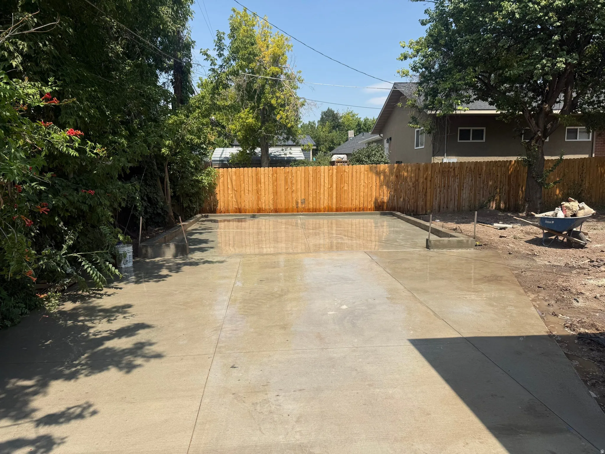 New concrete slab with a wood fence border and established trees