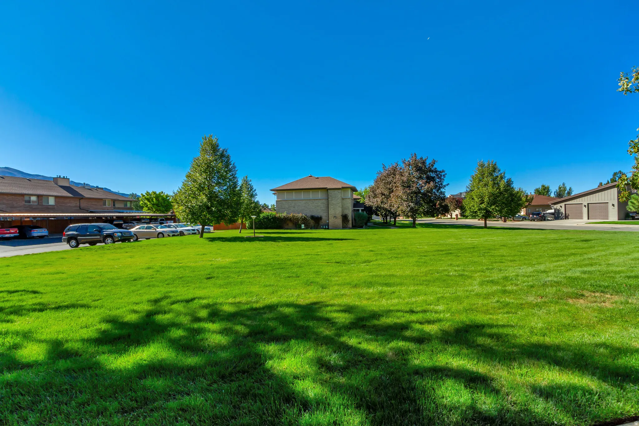 Expansive green space with mature trees, surrounded by residential structures, and paved parking areas