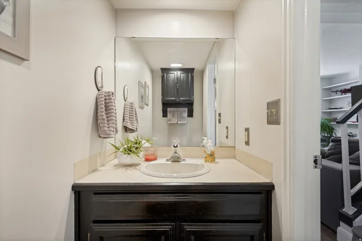 Single basin vanity with dark wood-finish cabinetry, light-toned countertop, and integrated mirror