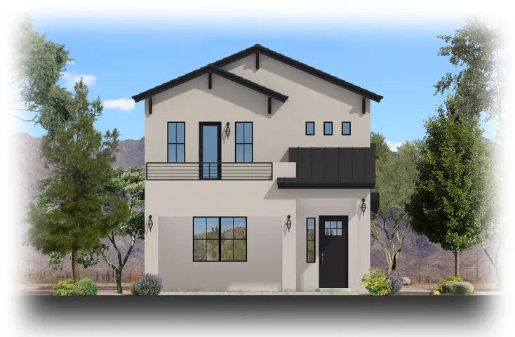 Contemporary stucco exterior with a black trim roof and a second-story balcony