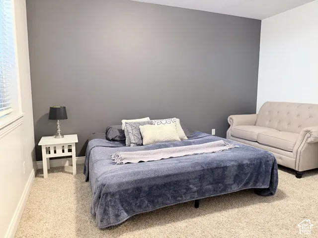 Neutral carpet flooring paired with a two-tone wall design