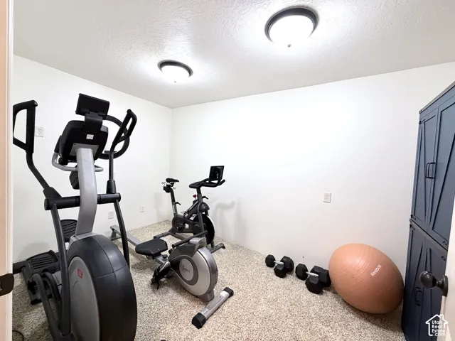 Recessed ceiling lights illuminate a neutral-toned room with textured carpet flooring