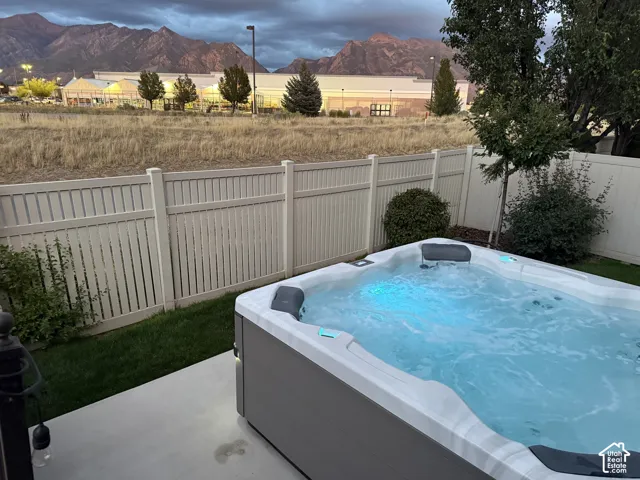 Integrated hot tub, concrete patio, lawn area, mature shrubbery, privacy fencing