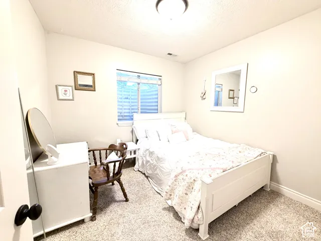 Wall-to-wall carpeting with light-toned walls and a window with blinds