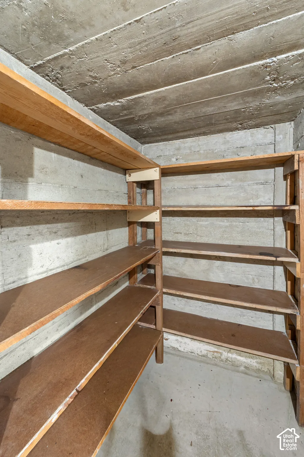 Concrete walls with built-in wooden shelving