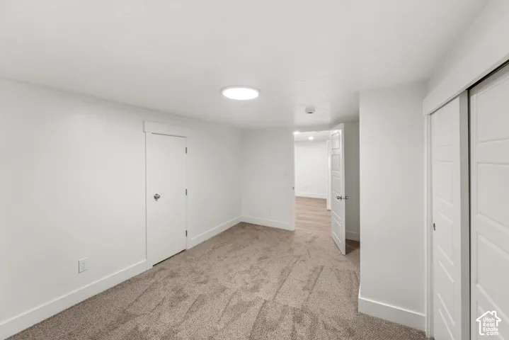 Plush carpet flooring, white interior doors, and a built-in closet with sliding panel doors