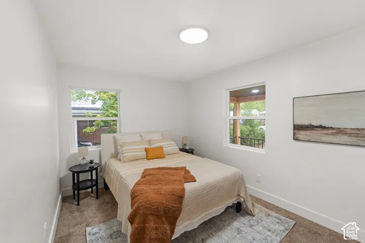 White walls, neutral carpet, and two windows with white trim
