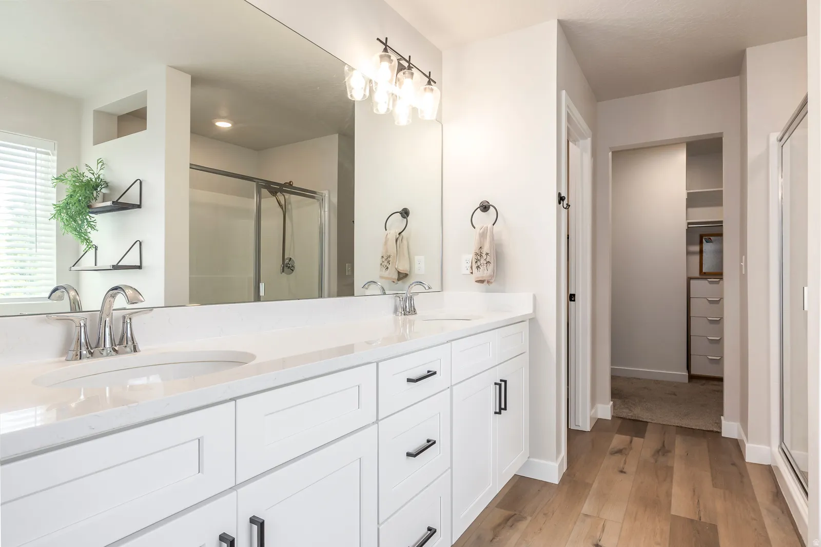 Double vanity with white cabinetry, wood-finish flooring, a frameless shower enclosure, and a walk-in closet with built-in storage