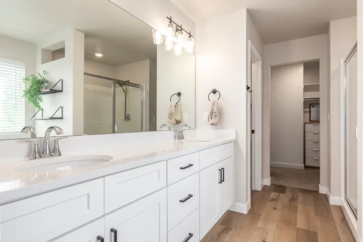 Double vanity with white cabinetry, wood-finish flooring, a frameless shower enclosure, and a walk-in closet with built-in storage