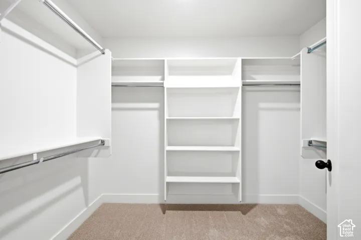 Walk-in closet with built-in shelving, multiple hanging rods, and neutral carpet flooring