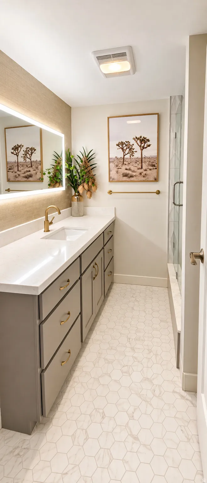Hexagonal tile flooring, an extended vanity with a solid surface countertop, an integrated rectangular sink with a gold-finish faucet, a backlit mirror, and a glass-enclosed shower