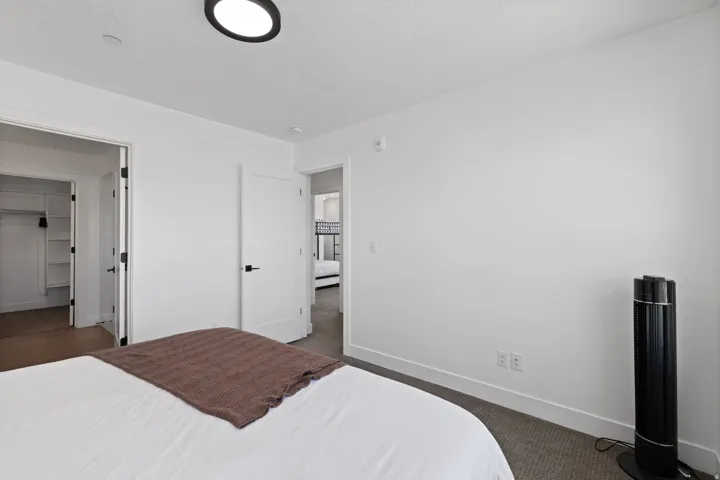 White walls with carpet flooring, flush-mount ceiling light, and a built-in closet with shelving and hanging rod
