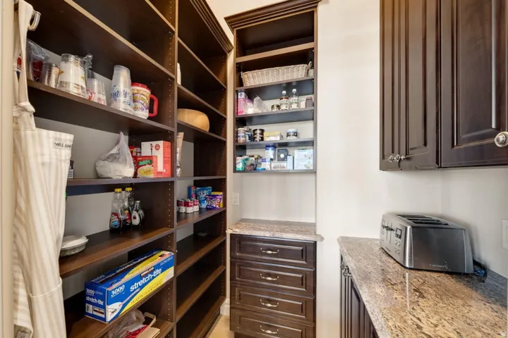 Built-in pantry shelving and cabinetry, granite countertops, and dark wood-finish cabinetry