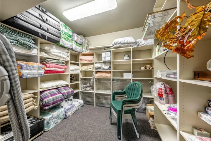Built-in shelving for organized storage, wall-mounted rectangular light fixture, and neutral carpet flooring