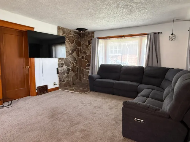 Stone-clad fireplace with a hearth, wood-finish door, and carpeted flooring
