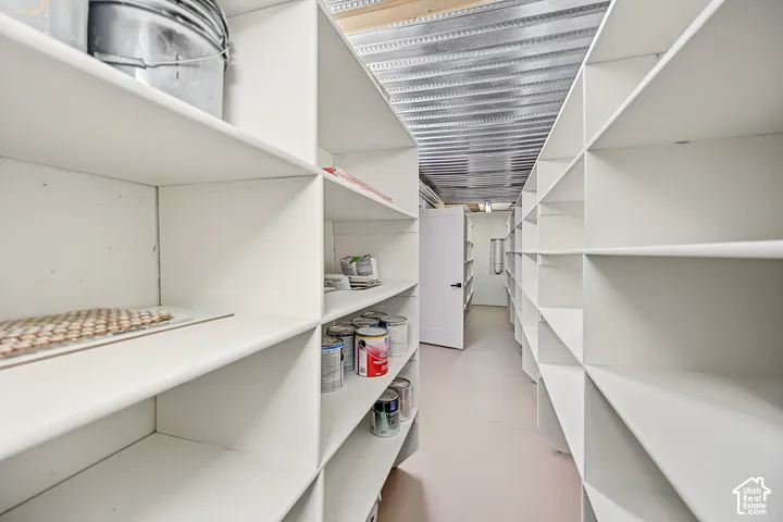 Extensive built-in shelving with a corrugated metal ceiling and a neutral floor