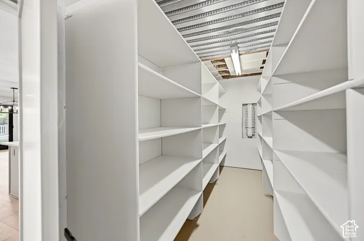 Extensive built-in shelving provides abundant storage