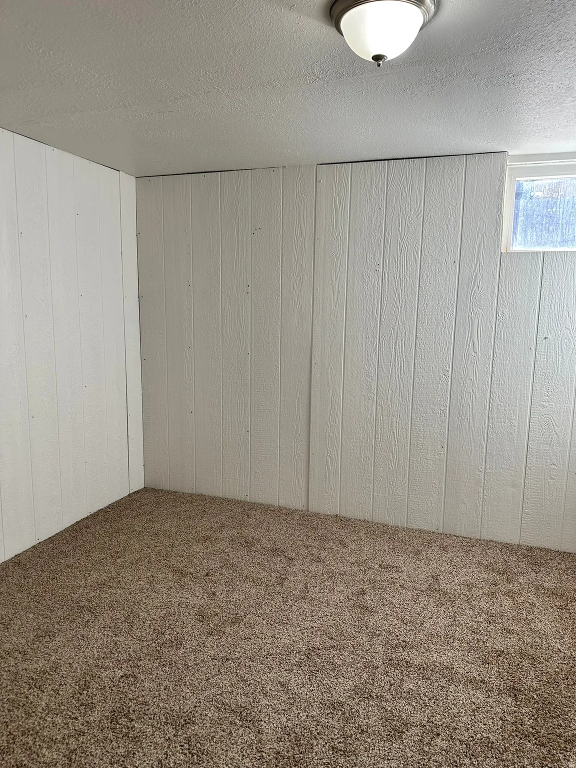 Textured white wall paneling, light brown carpet flooring, and a flush mount ceiling light fixture