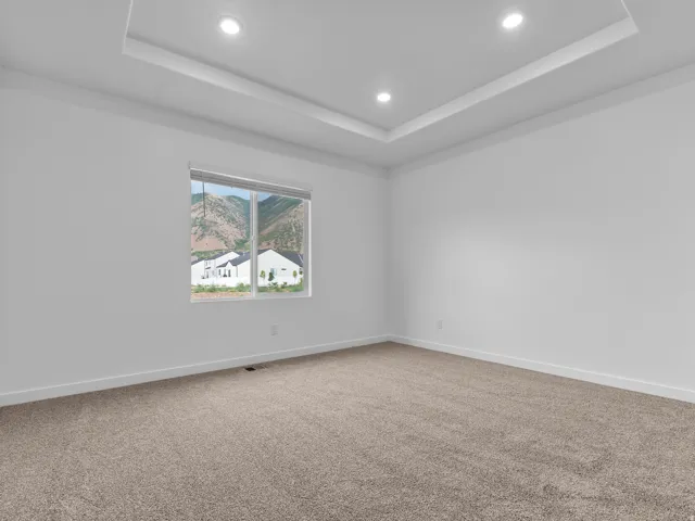 Recessed ceiling lighting, tray ceiling detail, neutral carpeting, white walls, and a window with mountain scenery