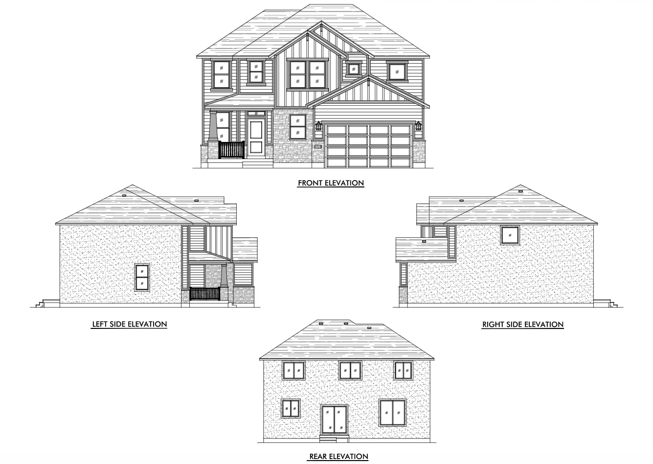 Architectural Plan. Presenting the front, left side, right side, and rear elevations of the property