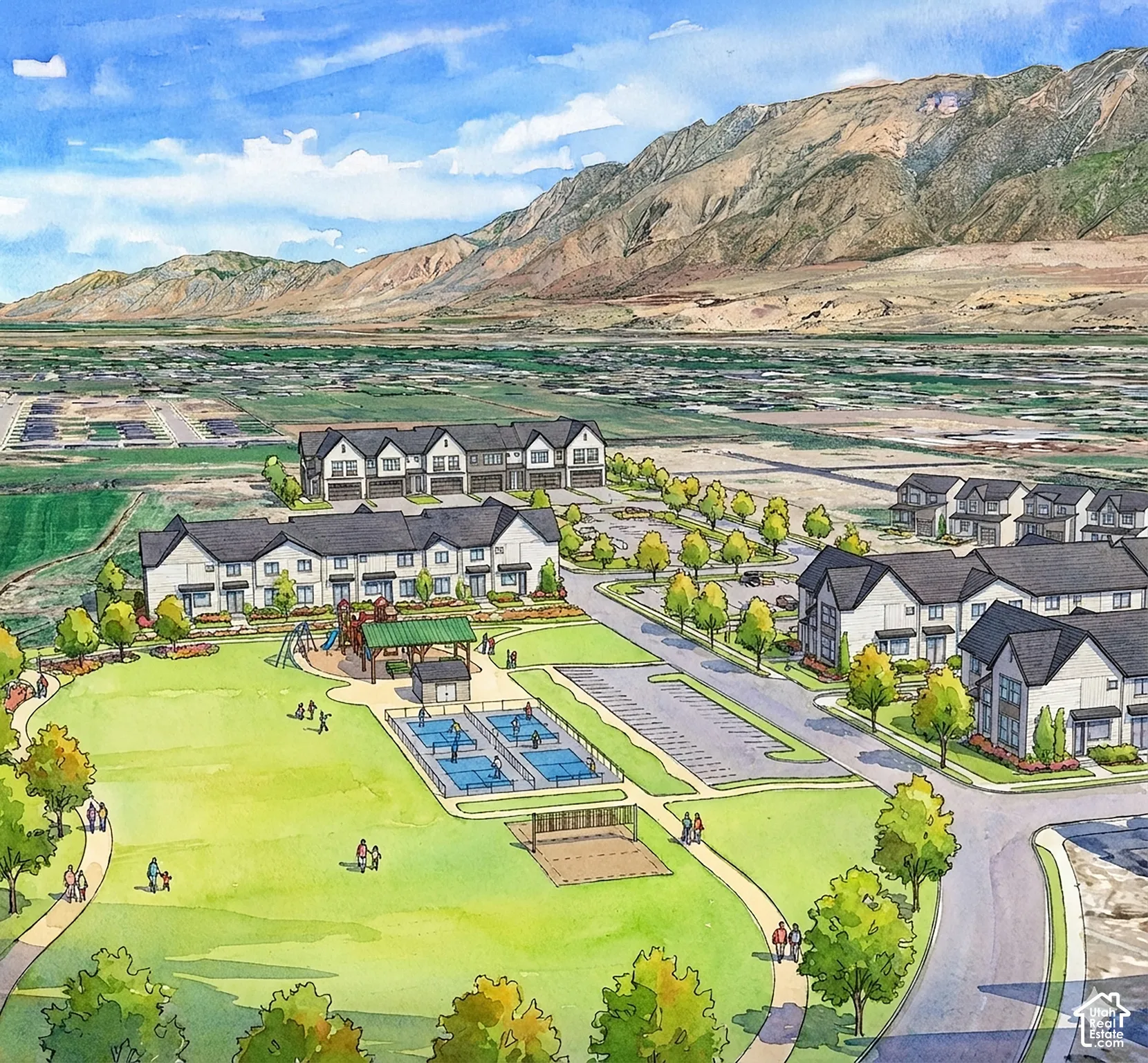 Mountain backdrop, community green space, recreational courts, playground structure, and walking paths