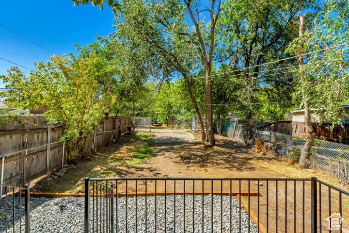 Spacious outdoor area with mature trees, surrounded by wood and chain-link fencing