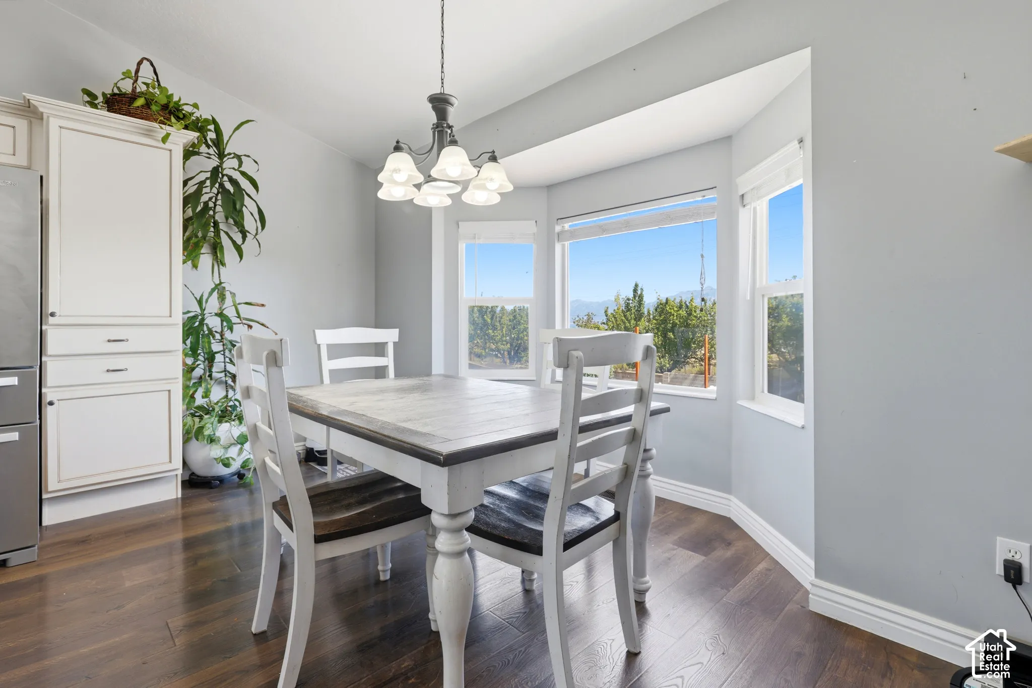 Bay window with multiple panes, dark wood-finish flooring, white built-in cabinetry, and a chandelier lighting fixture