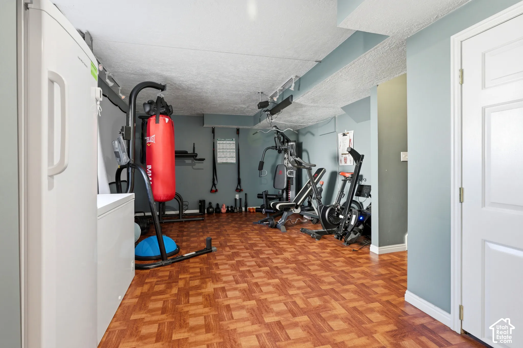 Finished space featuring wood-look flooring and light blue painted walls