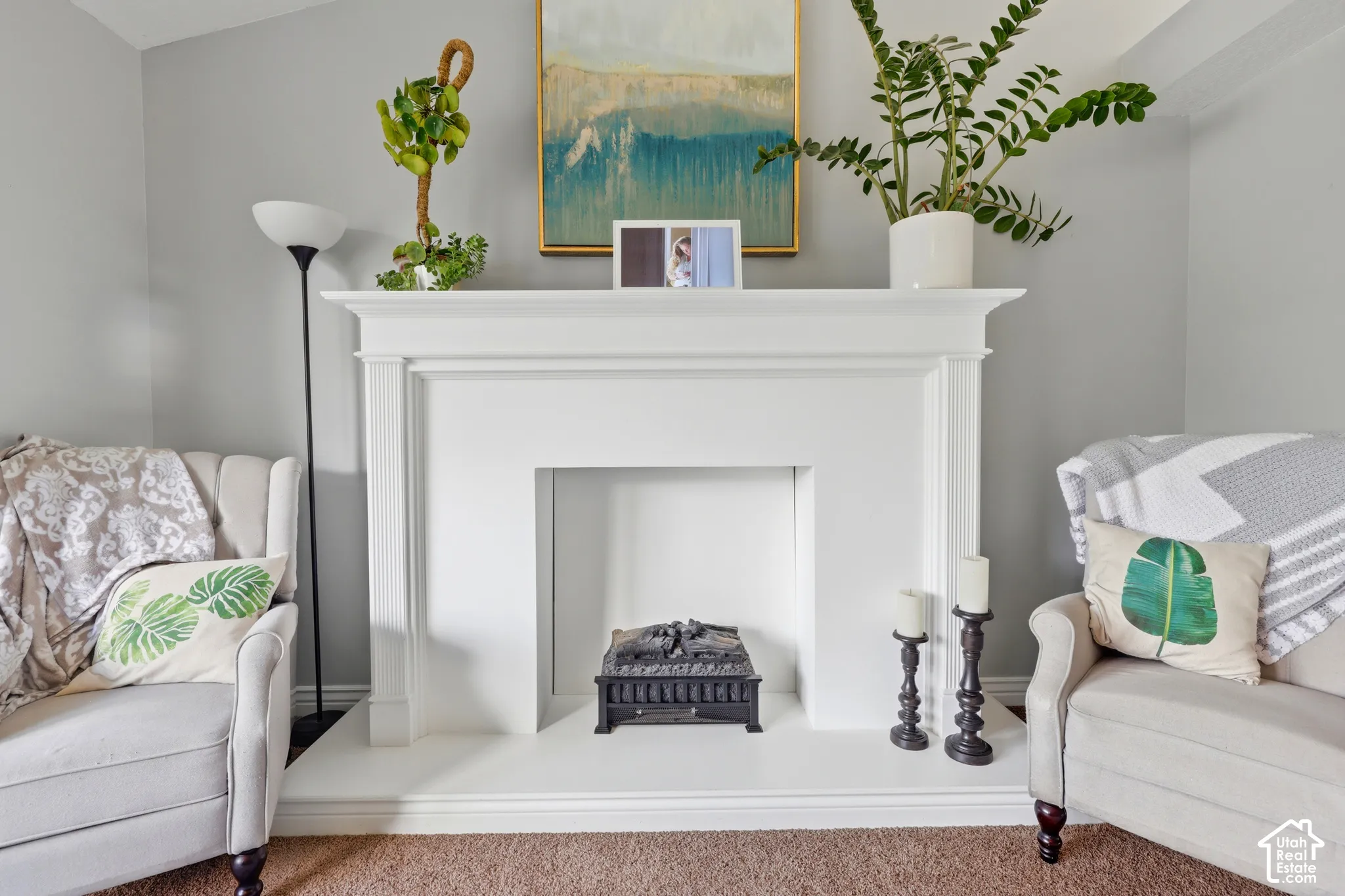 White fireplace surround with mantel