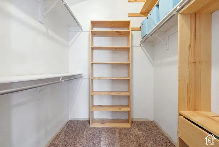 Built-in wood shelving, white walls, carpet flooring, and integrated clothing rods