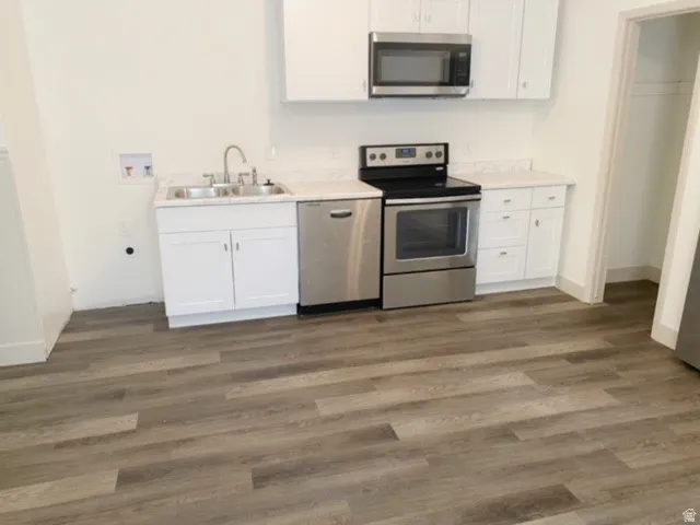 Wood-finish flooring, white cabinetry, stainless steel appliances, and a double basin sink with a gooseneck faucet