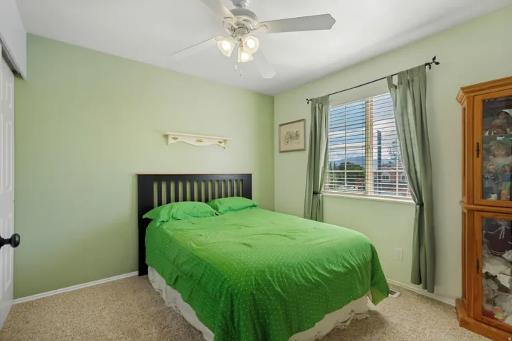 Window with horizontal blinds and drapery, overhead ceiling fan with lighting, and light-toned carpeting