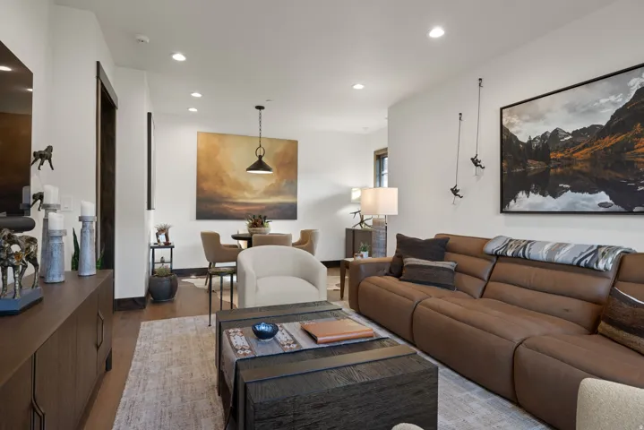 Recessed lighting illuminates the living space