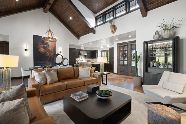 Vaulted wood-paneled ceiling with exposed beams