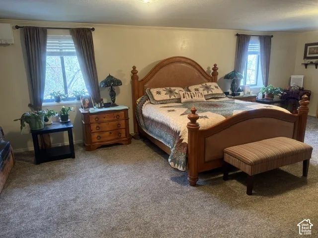 Spacious room featuring neutral carpeting and two windows with integrated blinds