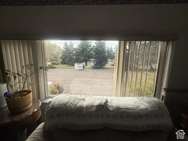 Horizontal multi-pane window featuring integrated vertical blinds and exterior scenery including mature pine trees