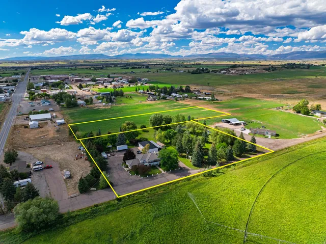 Expansive property featuring multiple structures, mature trees, and a paved circular drive